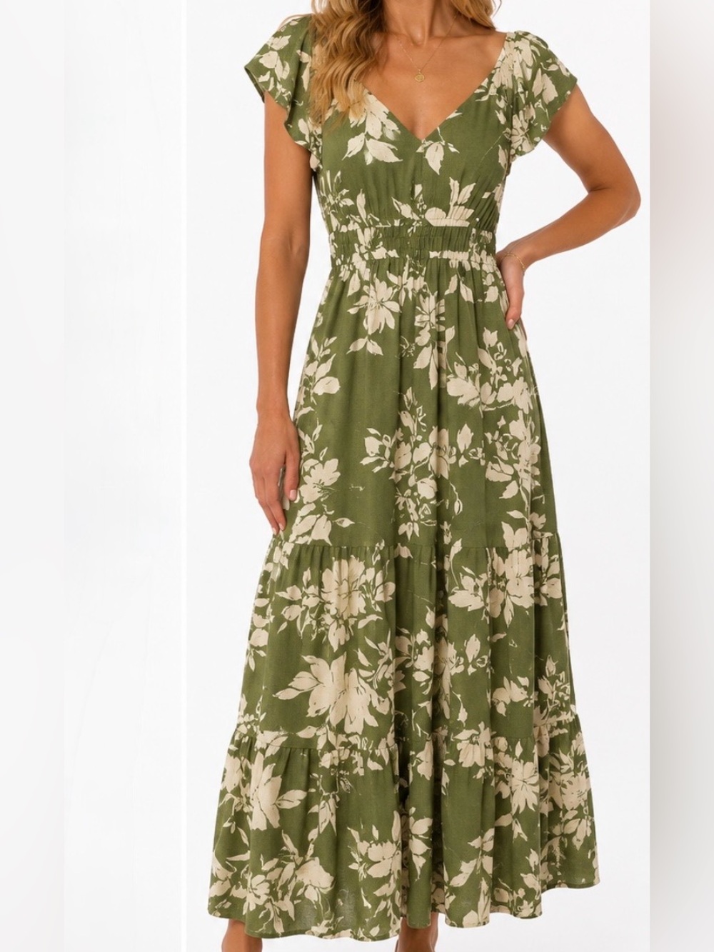 Just Found Olive Green Floral Maxi Dress with Ivory Print size Small